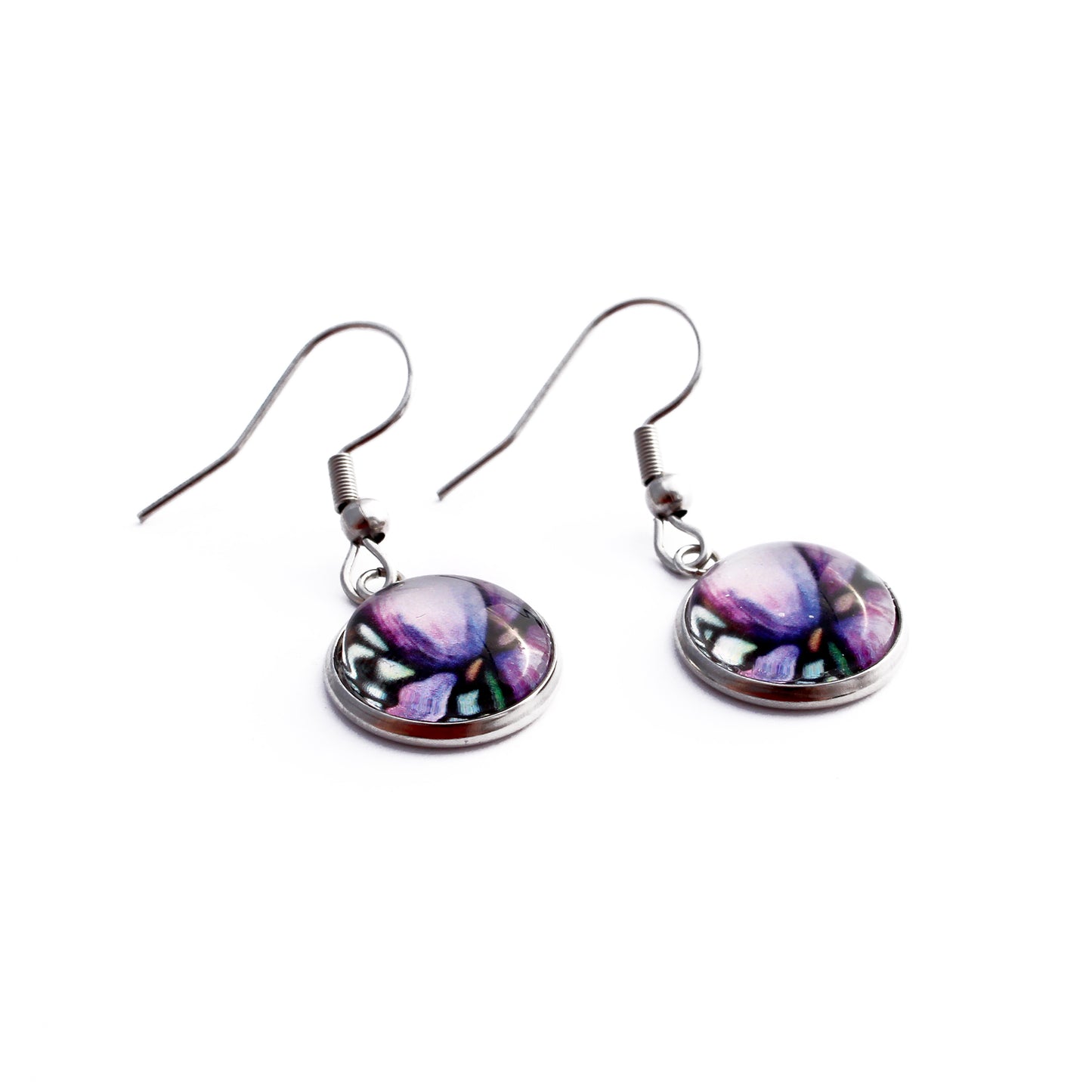 Purple Iris Flower Circle Dangle Earrings