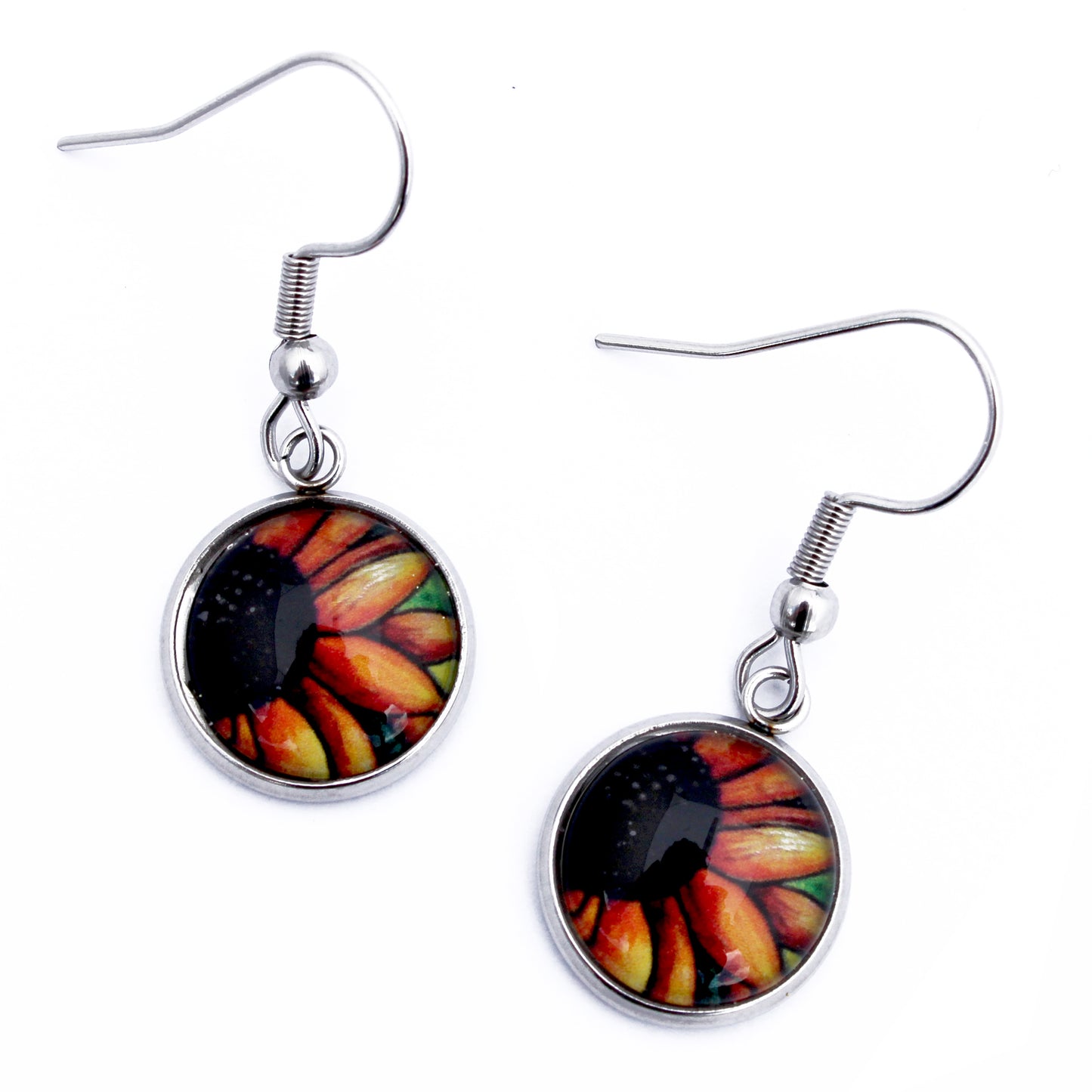 Orange Sunflower Circle Dangle Earrings