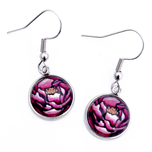 Pink Peony Circle Dangle Earrings