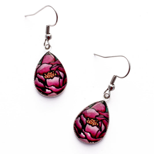Pink Peony Flower Teardrop Earrings