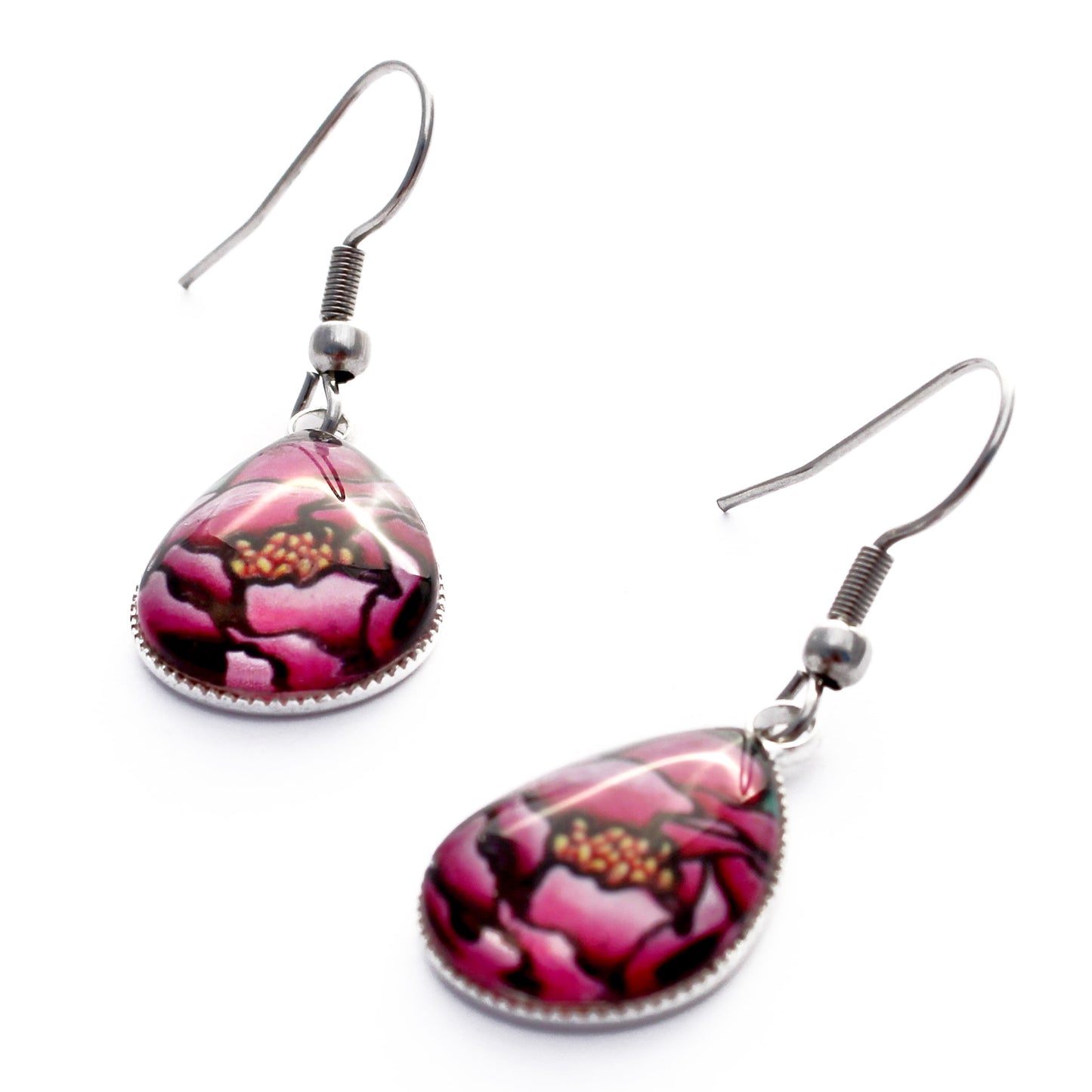 Pink Peony Flower Teardrop Earrings