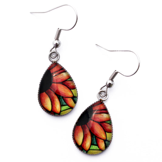 Red Sunflower Teardrop Earrings