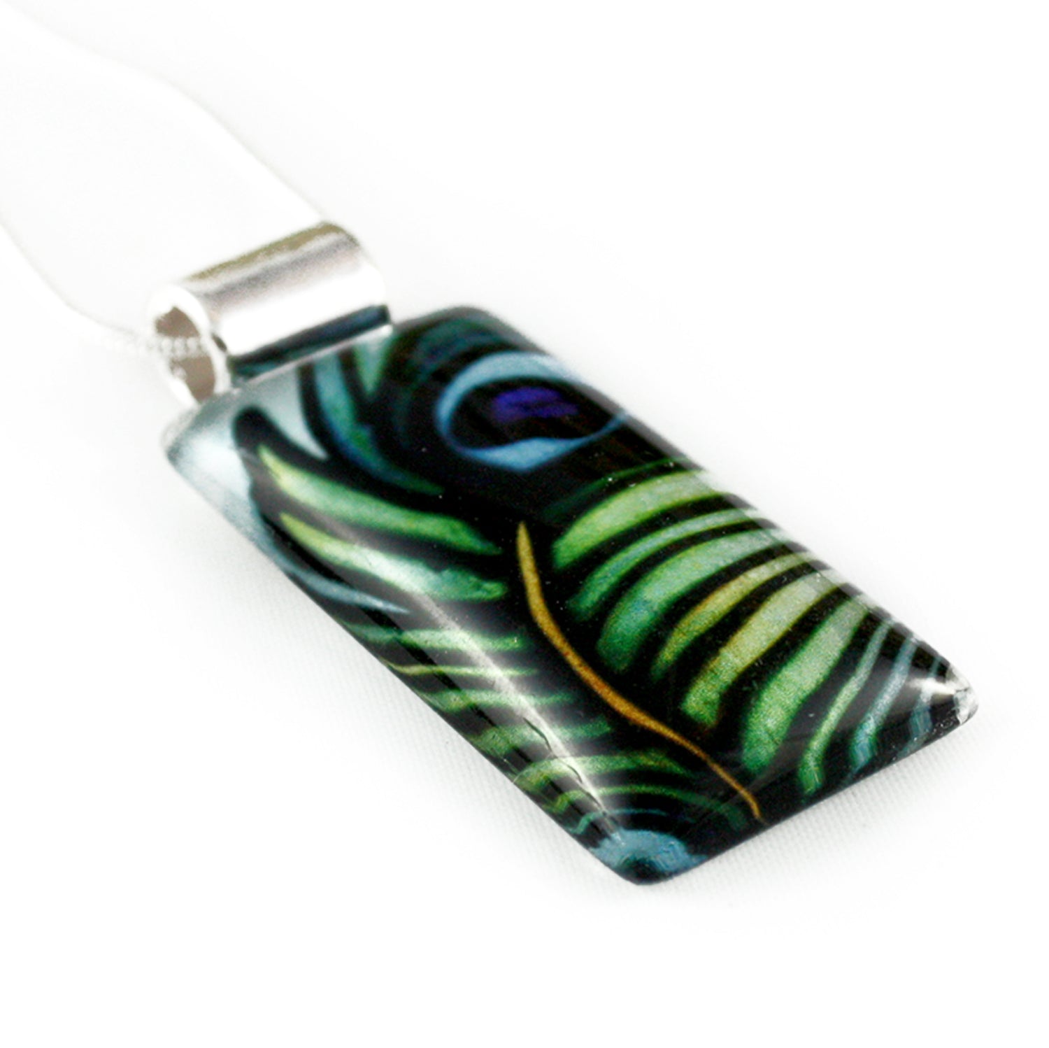 Peacock Feather Necklace - Rectangle Pendant