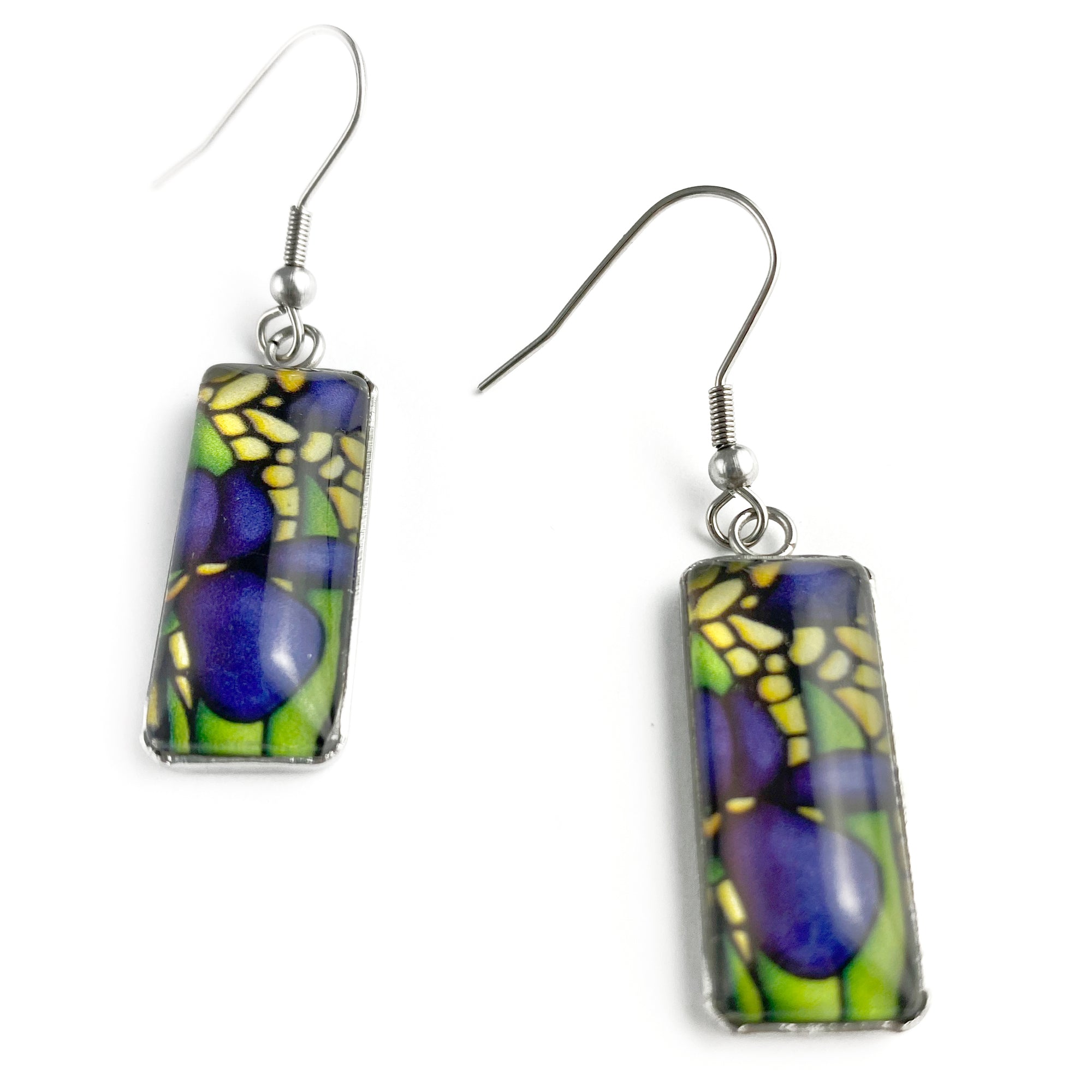 Rectangle Dangle Earrings - Purple Iris Flower