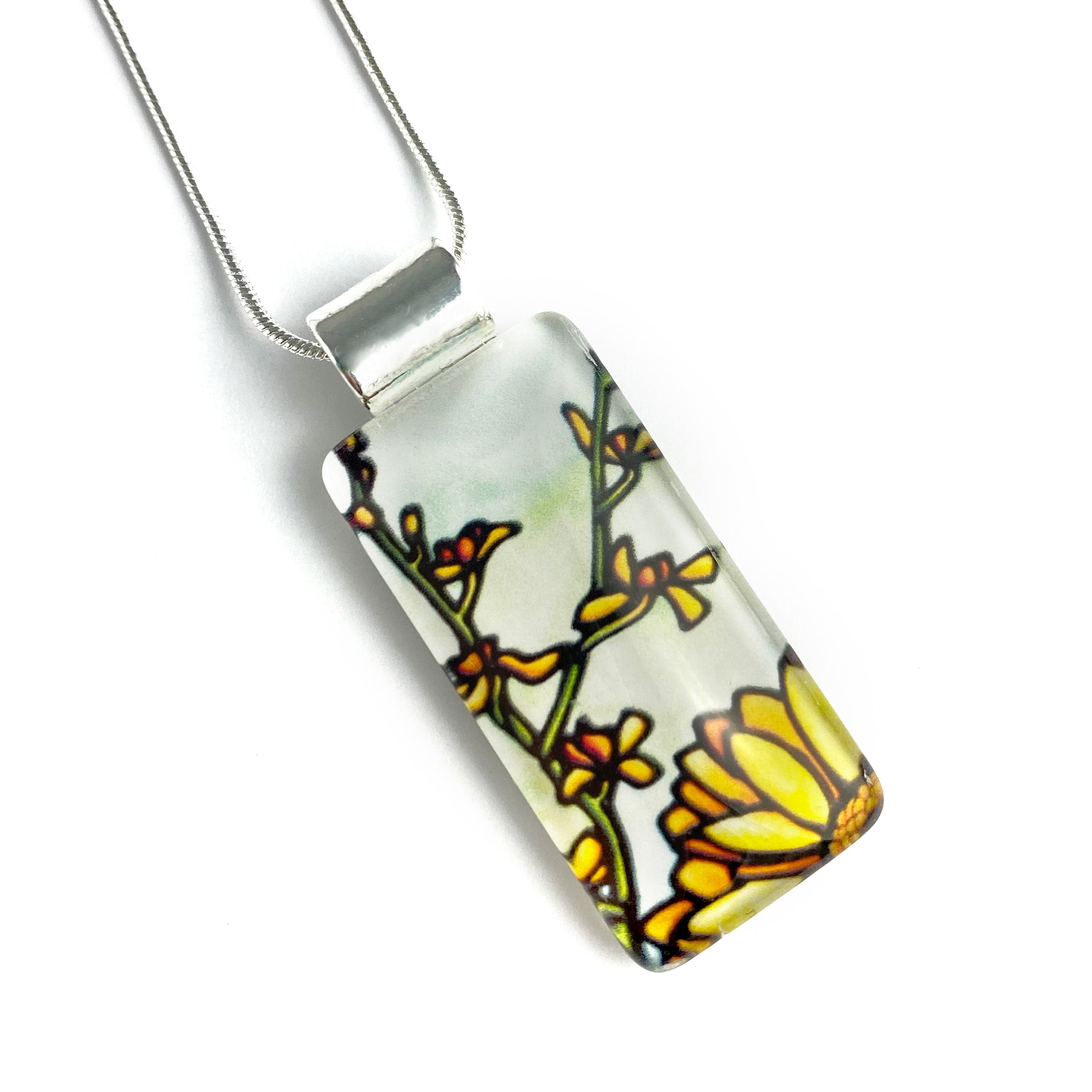 Daisy Flower Necklace - Rectangle Pendant