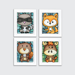 Woodland Animal Set of 4 Prints, Raccoon, Beaver, Fox, Moose
