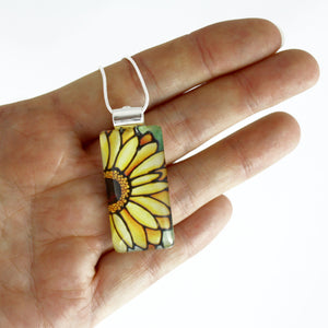 Yellow Daisy Flower Necklace - Rectangle Pendant