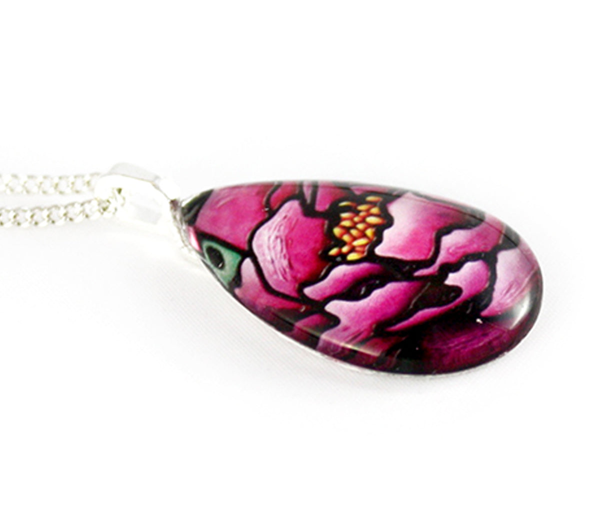 Pink Peony Flower Teardrop Necklace