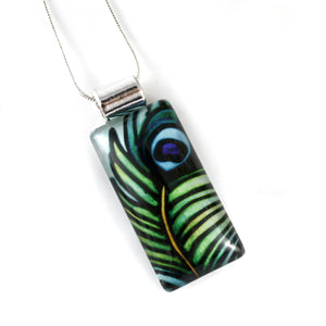 Peacock Feather Necklace - Rectangle Pendant