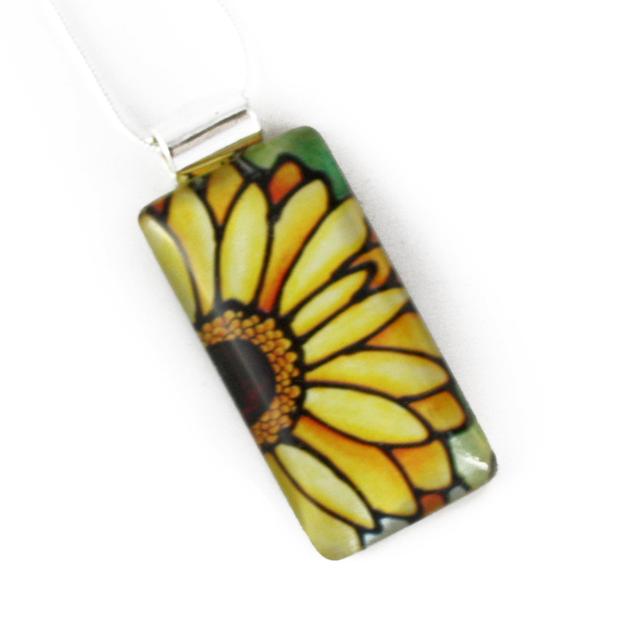 Yellow Daisy Flower Necklace - Rectangle Pendant