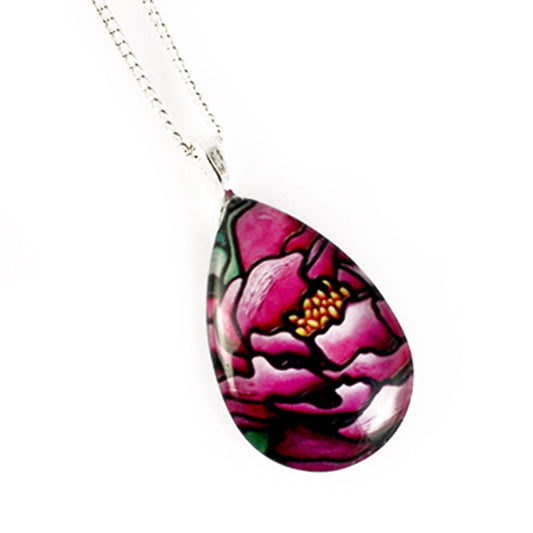 Pink Peony Flower Teardrop Necklace